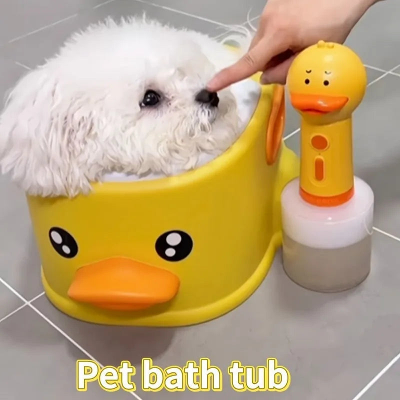A blue duck-shaped PVC bath tub for washing dogs and cats on a bathroom floor.
