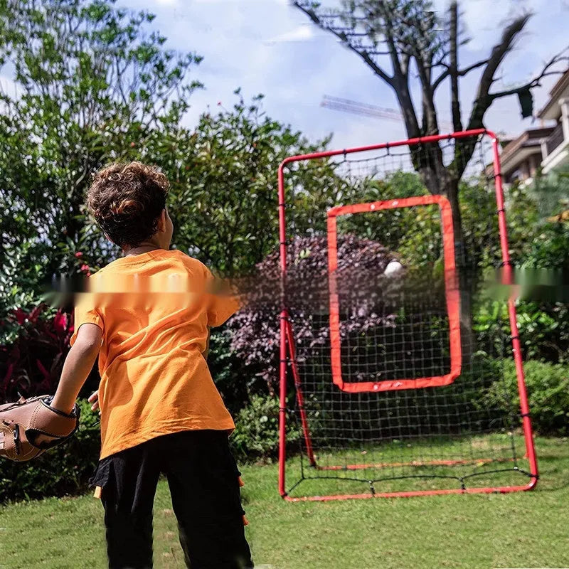 Red adjustable portable baseball training net with a 4ft by 6ft catching area and metal frame.