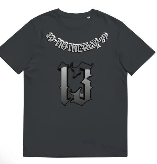 Man wearing a black casual T-shirt with a 3D digital print design on the front.