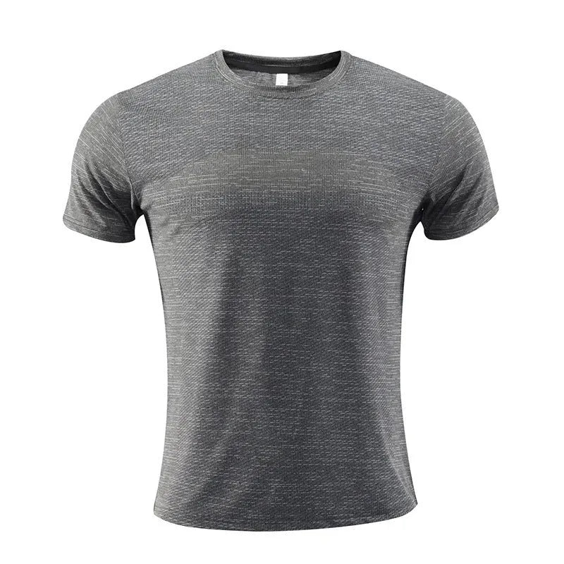 Men's short sleeve polyester spandex running t-shirt in red, shown with size label.