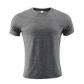 Men's short sleeve polyester spandex running t-shirt in red, shown with size label.