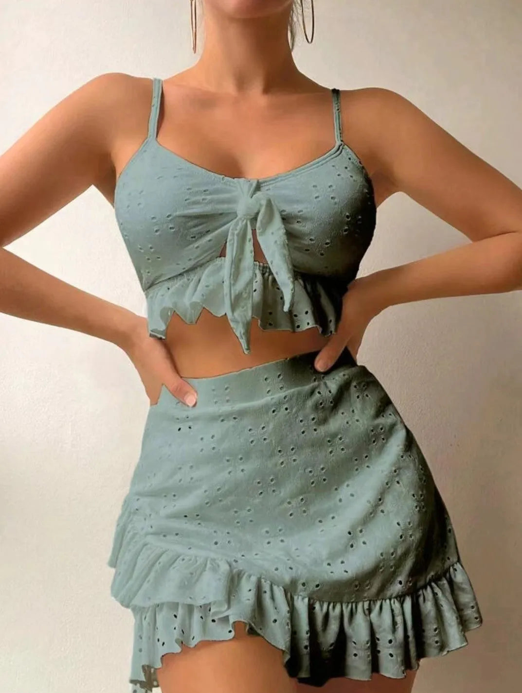 Women's split hip skirt three-piece bikini set in solid colour polyester, available in multiple shades including black and white
