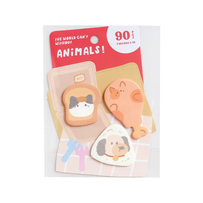 Animal shaped sticky note set with six colourful cover designs including bunny and sea otter themes