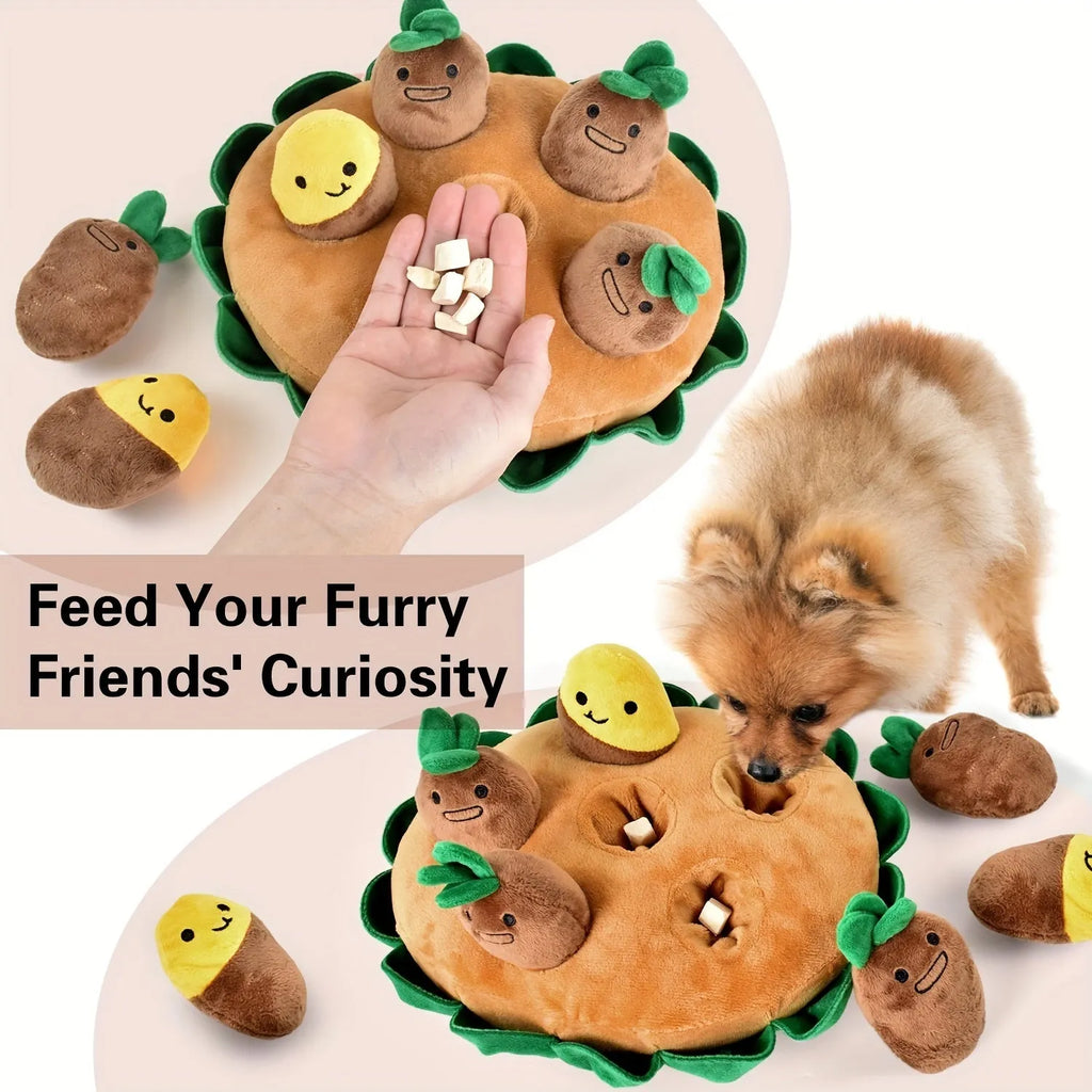 Yellow interactive dog puzzle toy with removable squeaky plush toys on polyester sniffing pad
