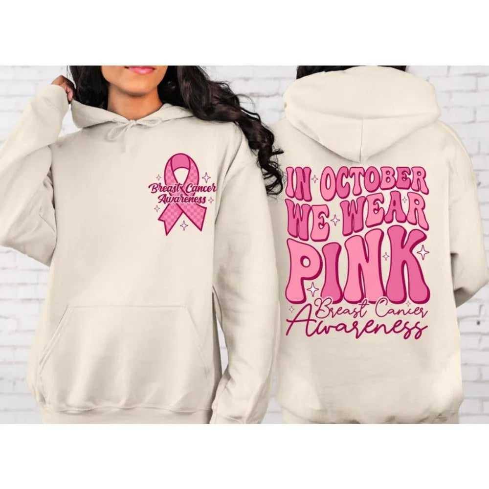 Breast Cancer Awareness pullover hoodie with retro art print and side seam pocket