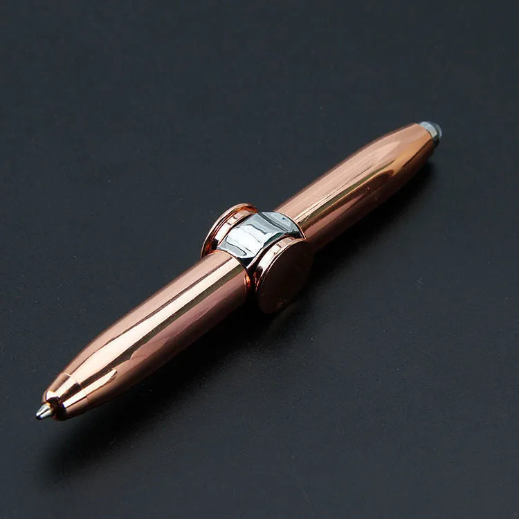 Multifunctional finger gyro ballpoint pen set in black, gold, and silver colours on a white background