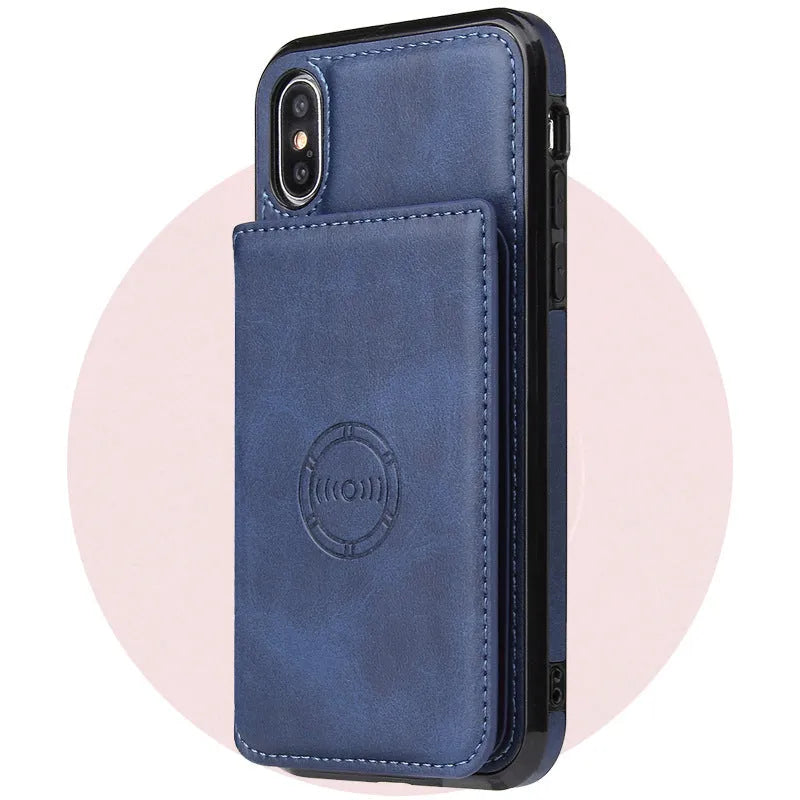 Imitation leather card wallet phone case for iPhone 11 in various colours showing business-style solid design.