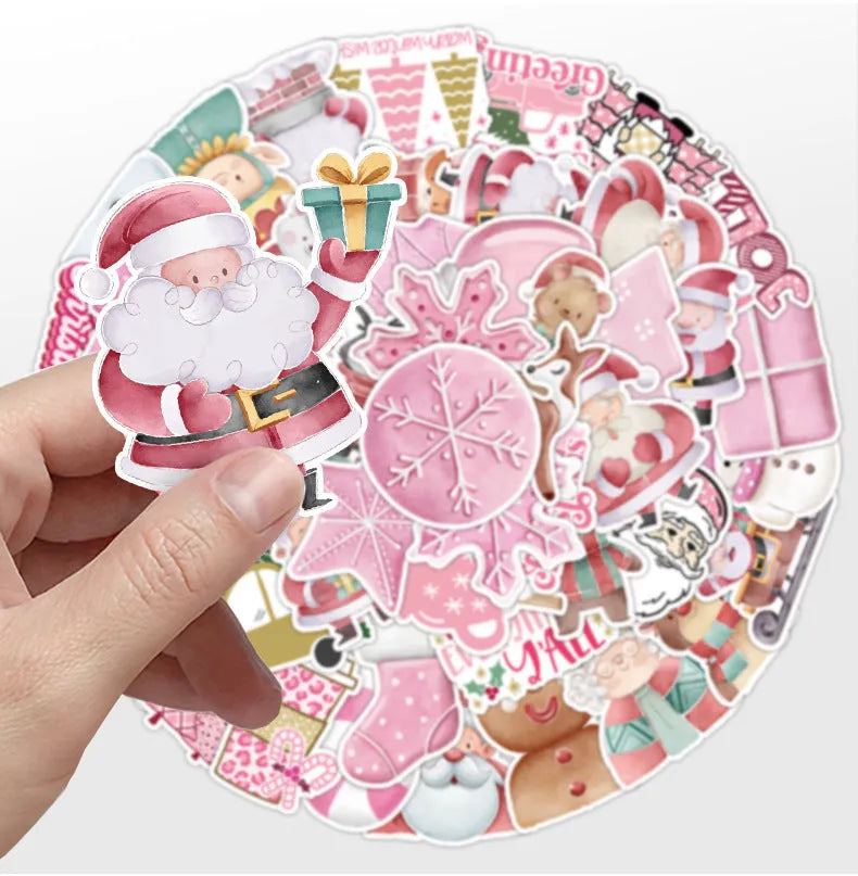 Pack of 50 cute Christmas-themed waterproof vinyl stickers for decorating cars, phones, and computers.