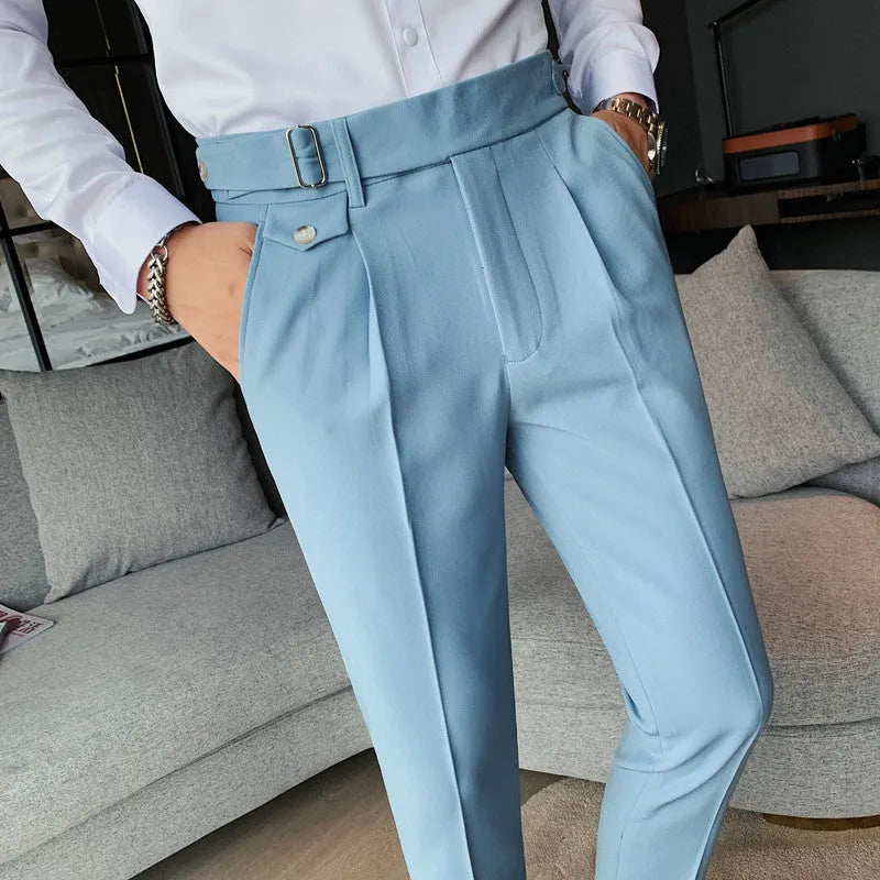 Men's straight leg casual trousers in solid colours on a size chart showing waist measurements 29 to 36.