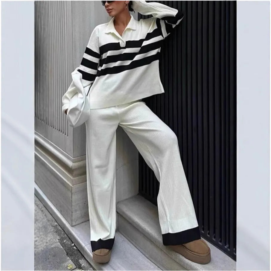 Women's black and white striped knitted two-piece set with polo collar and trousers