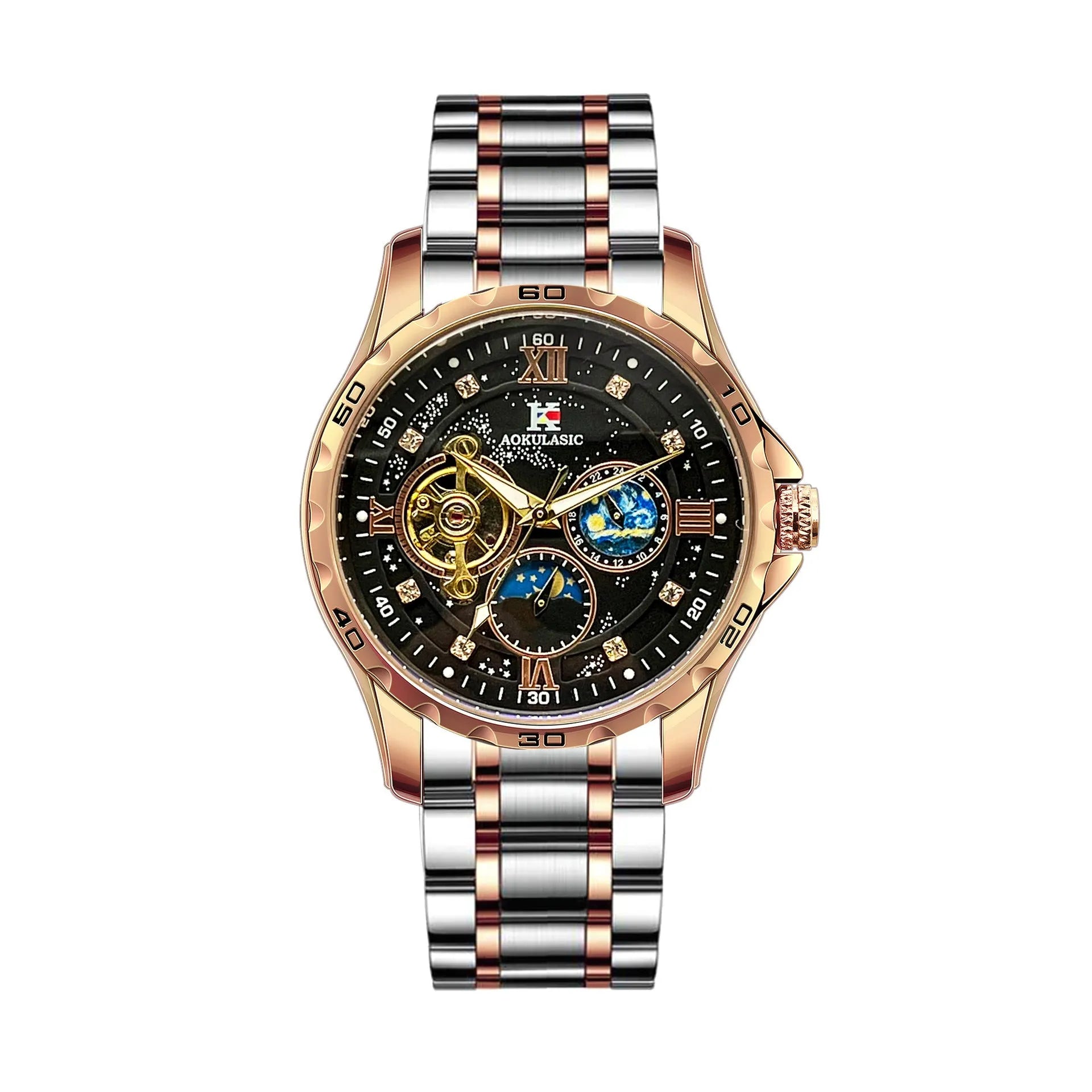 Men's rose gold automatic mechanical watch with black dial and 12mm thick case.