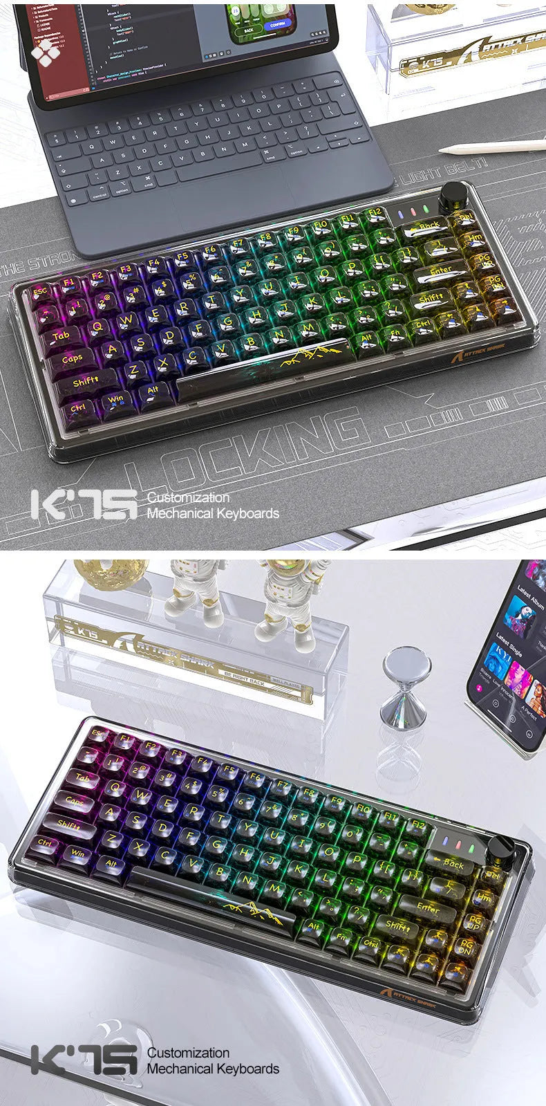 Attack Shark K75 RGB transparent mechanical keyboard showing lighting through polycarbonate housing