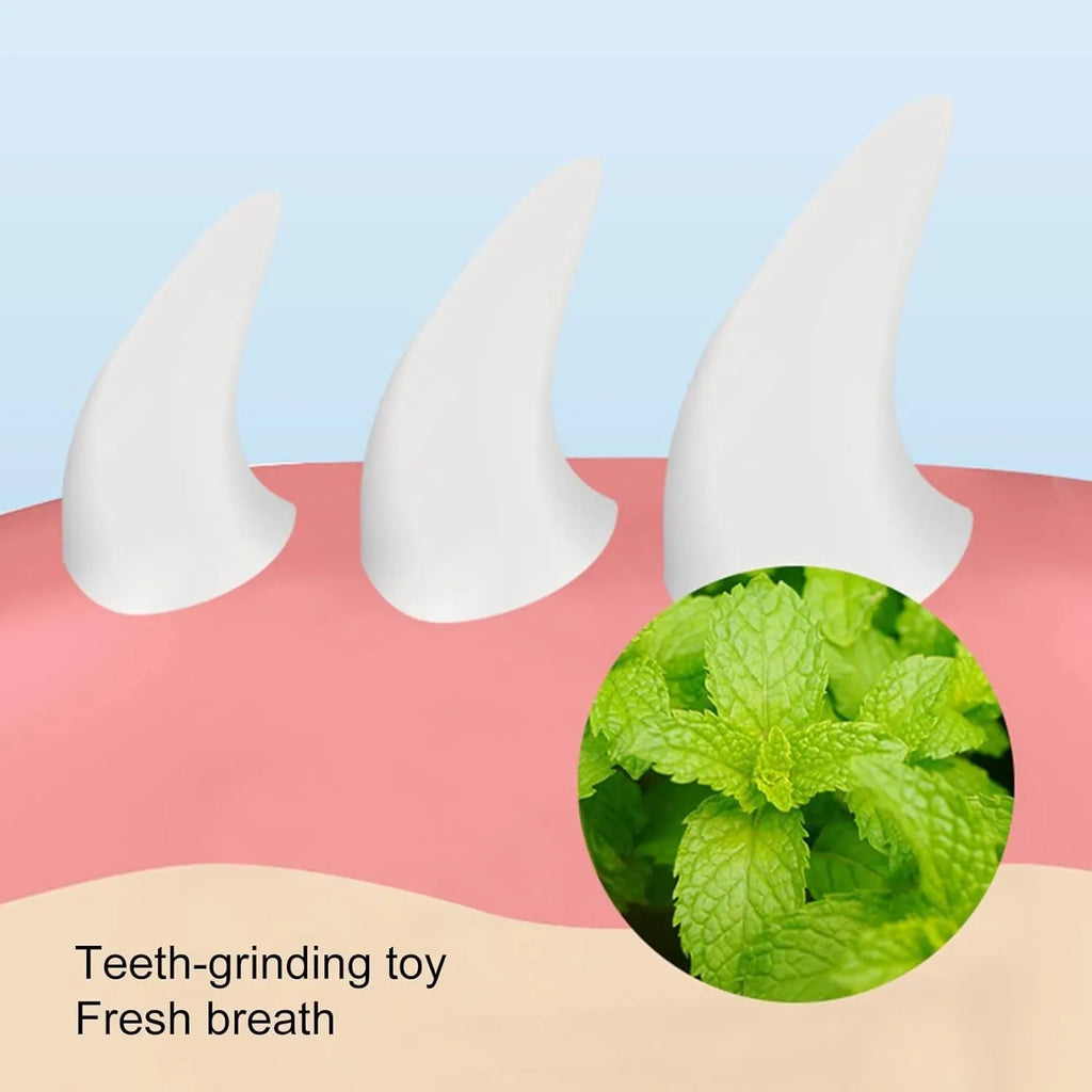 Blue carrot-shaped catnip ball with self-adhesive backing for wall-mounted feline dental care