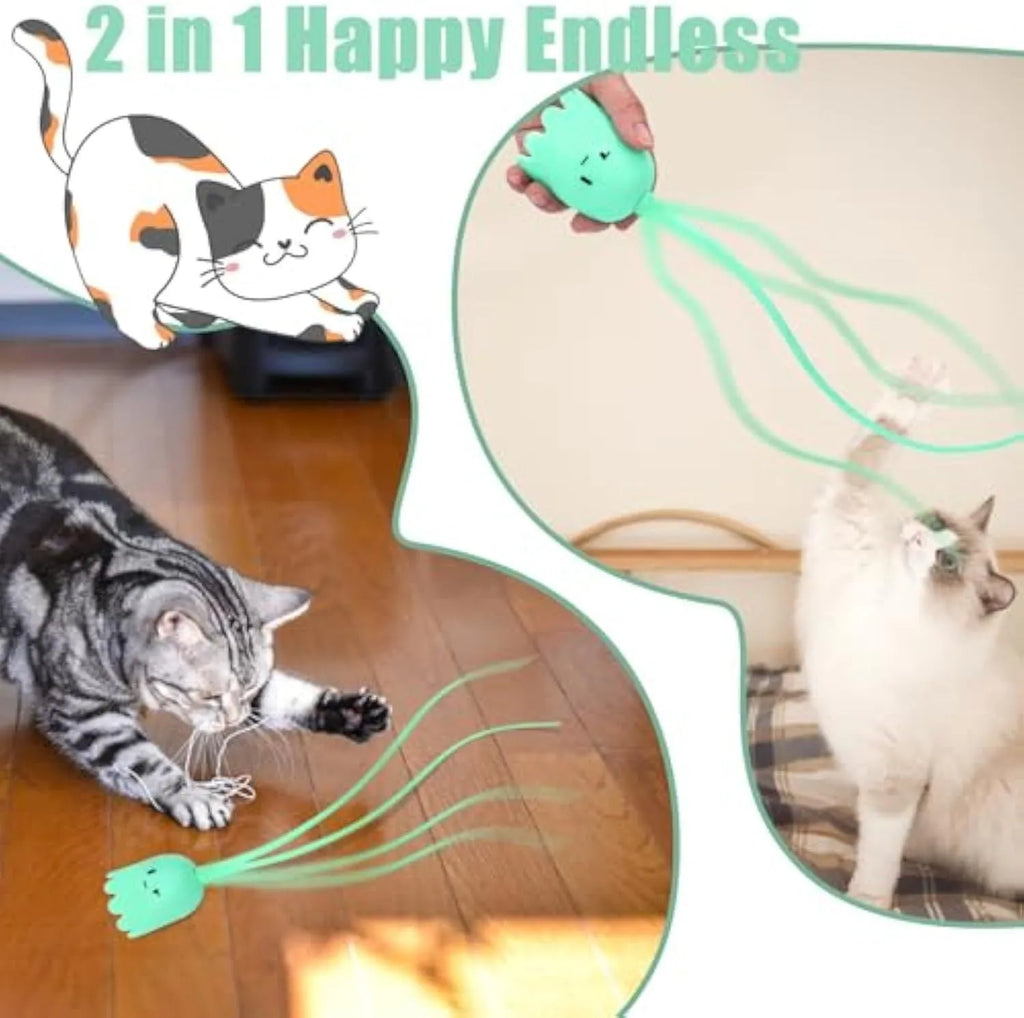 Green electronic cat toy with silicone swinging tail on 38cm wand for indoor cat entertainment
