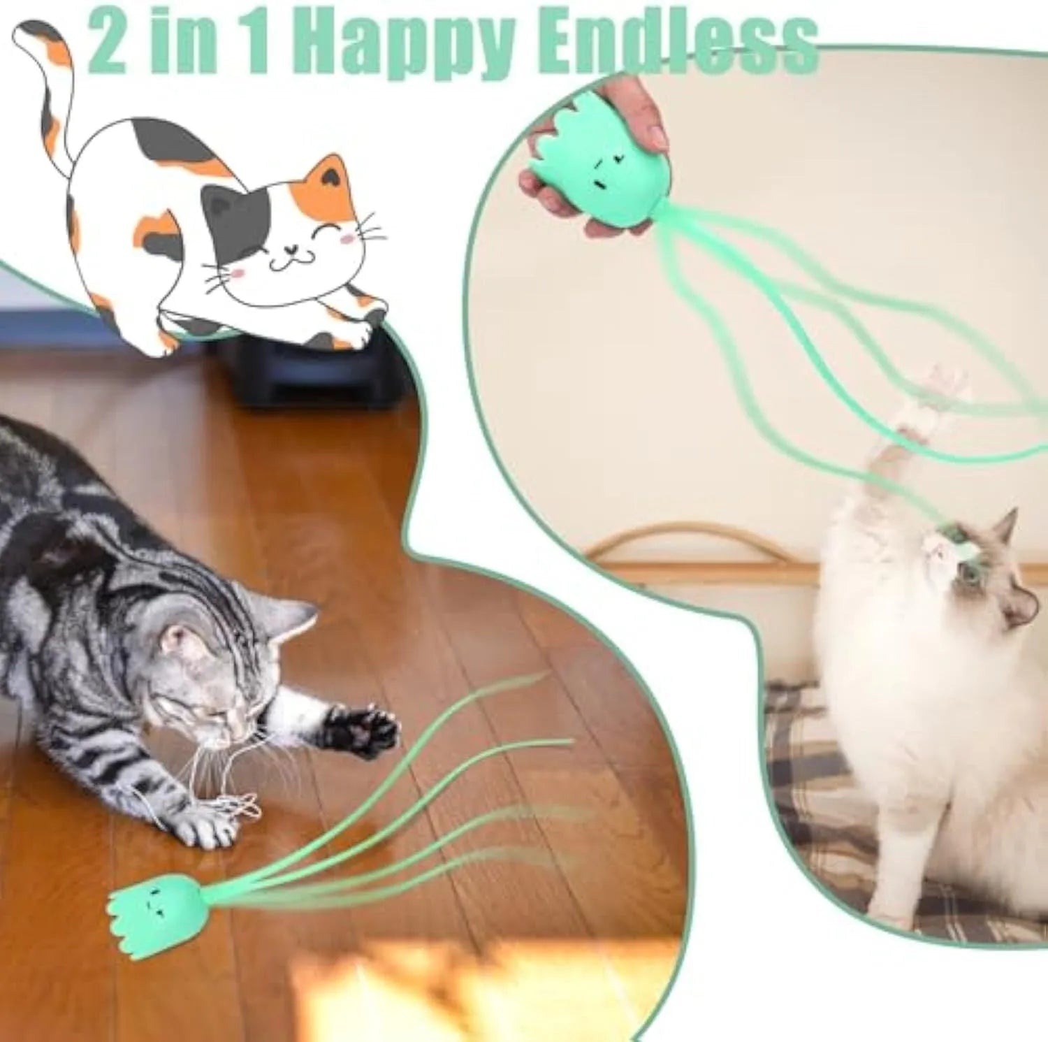 Green electronic cat toy with silicone swinging tail on 38cm wand for indoor cat entertainment