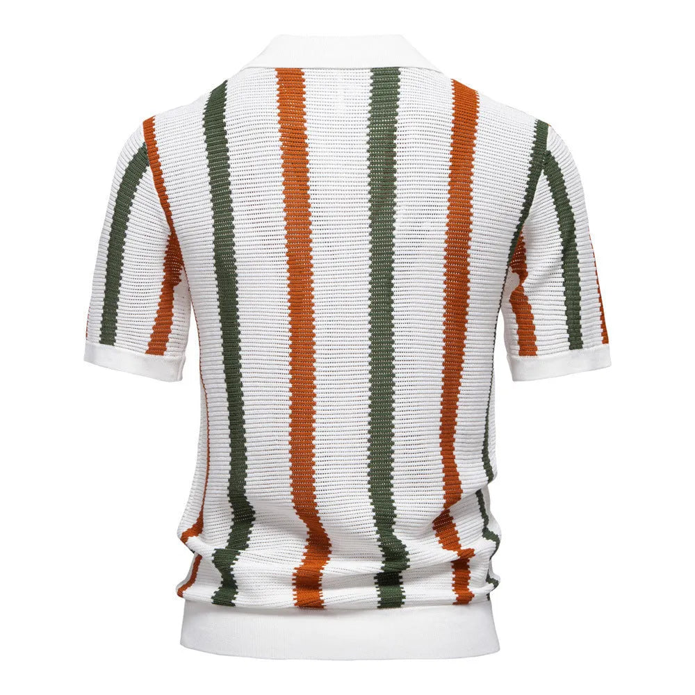 Breathable hollow mosaic pattern men's short-sleeved polo shirt in khaki, front view, on plain background