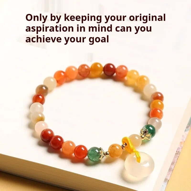 Handmade Chinese bracelet with Jinsi jade and red agate peace buckle beads, safety clasp