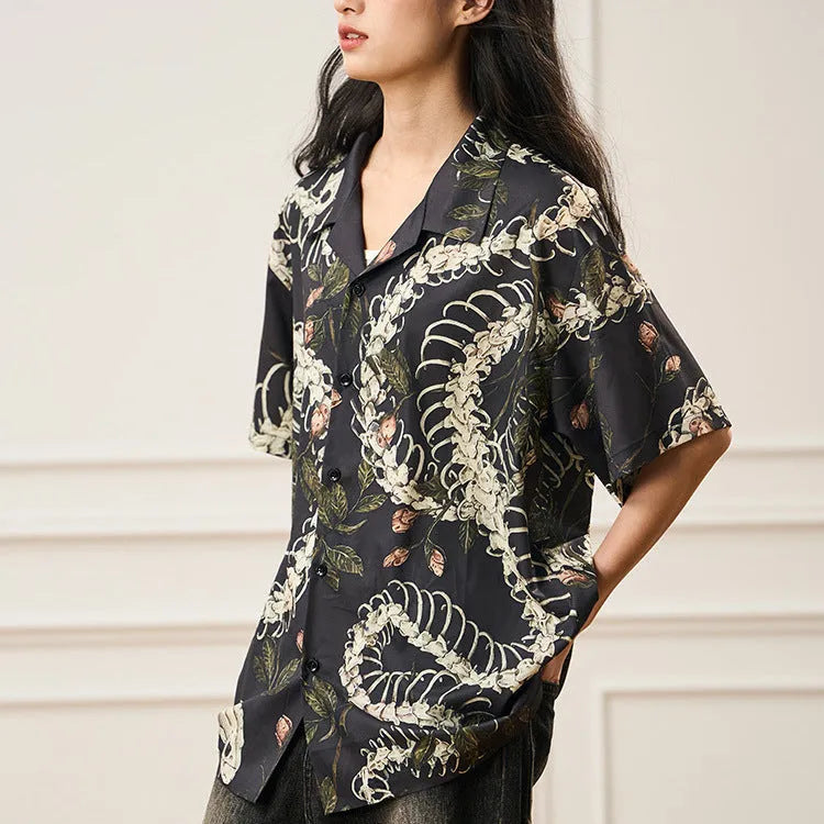 Men's short sleeve Cuban collar shirt with snake bone floral pattern printed design in colourful loose fit option