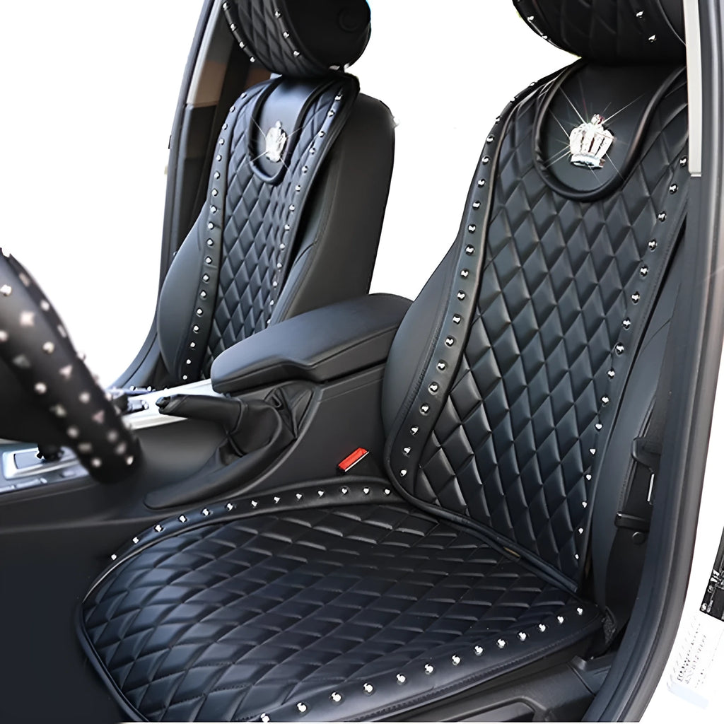 Black diamond leather car seat cushion with crown rivet rhinestone detailing from Ya Yue for five-seater automobiles