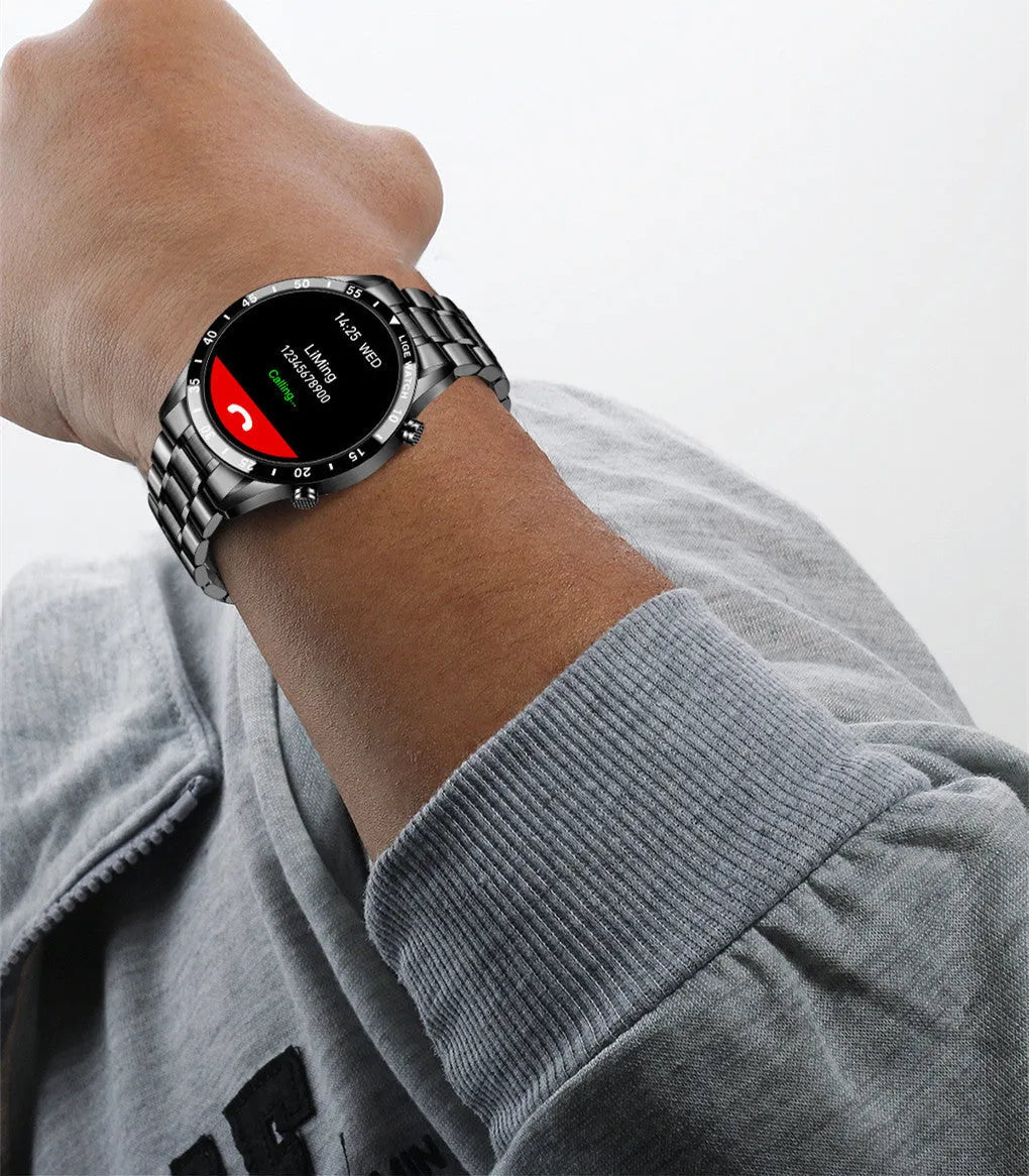 Smart watch with stainless steel wristband and 1.3-inch touchscreen display showing step count interface