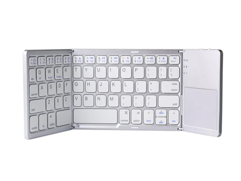 Ultra-thin tri-fold folding Bluetooth keyboard with touchpad in black, shown folded and open.