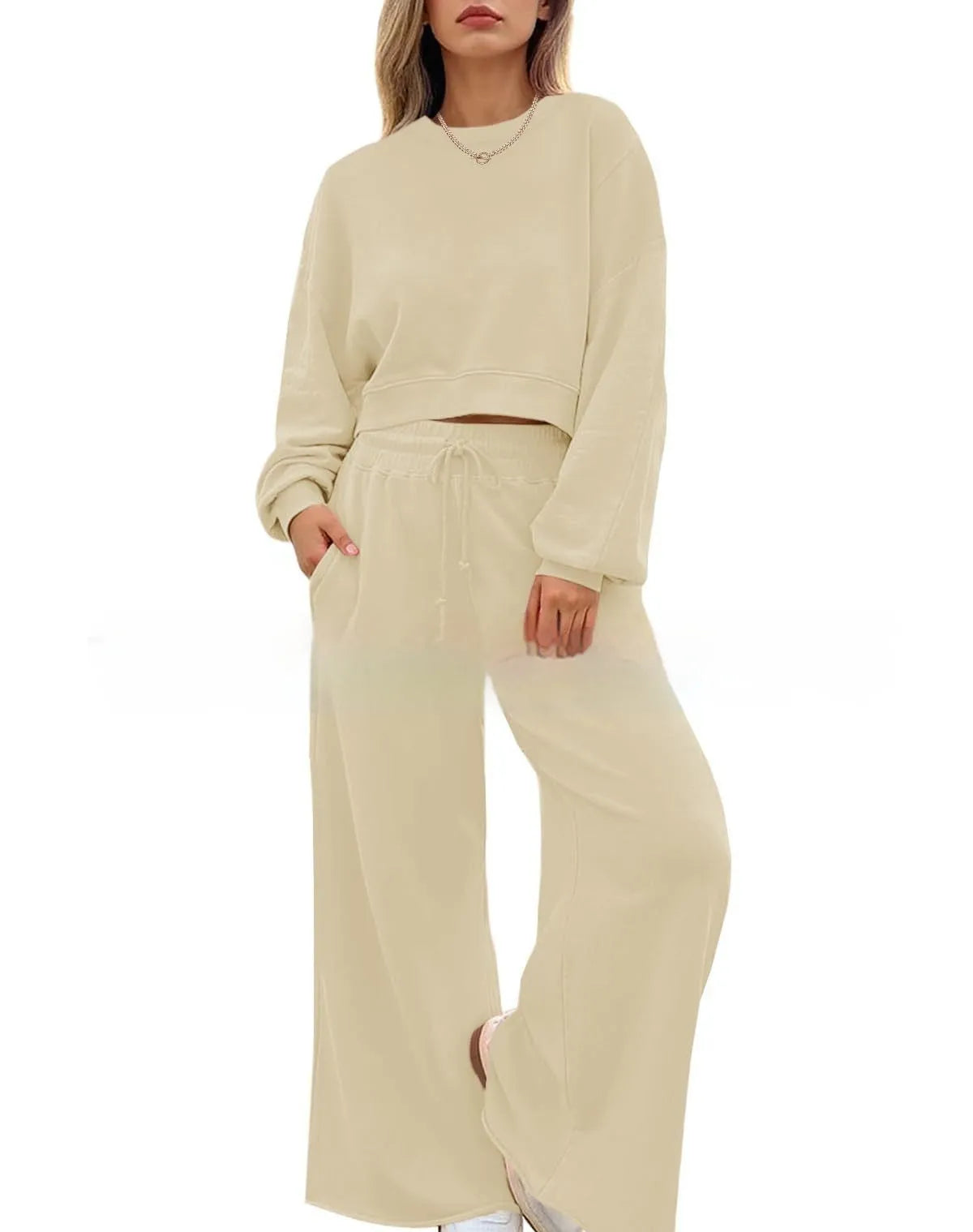 Women's solid colour trousers two-piece set with long sleeves in street hipster style