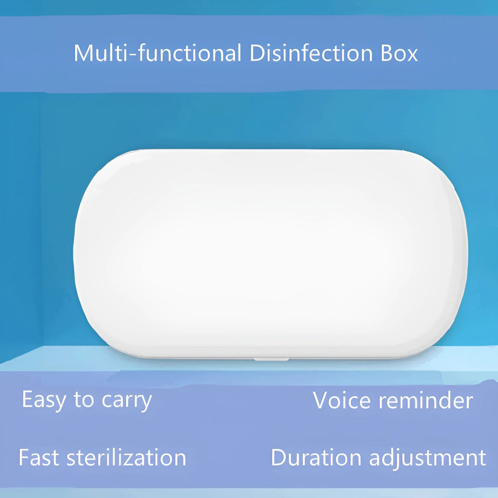 White portable UV steriliser box with wireless charging for phones and toothbrushes