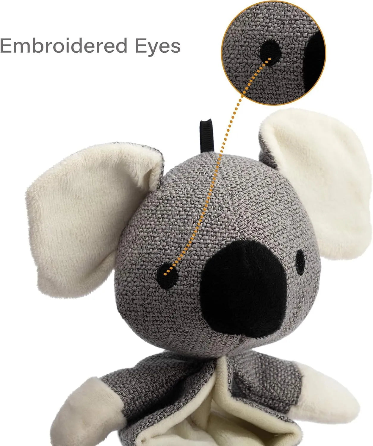 Gray Koala plush dog toy measuring 30cm long with crinkle paper inside.