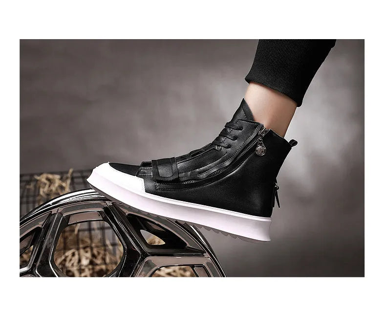 Men's black PU leather ankle boots in a high-top sneaker winter style