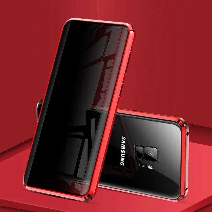 Black anti-peeping magnetic clamshell phone case for Samsung Galaxy S21 Ultra shown open and closed.