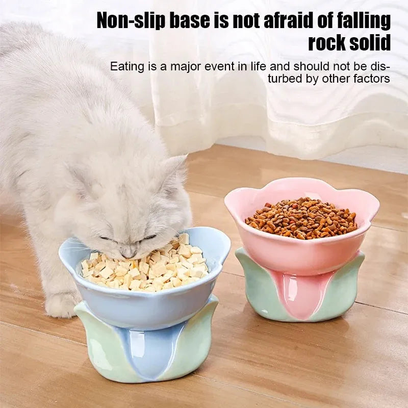 Blue ceramic pet bowl with floral pattern, raised on a non-slip base for cat or small dog feeding.