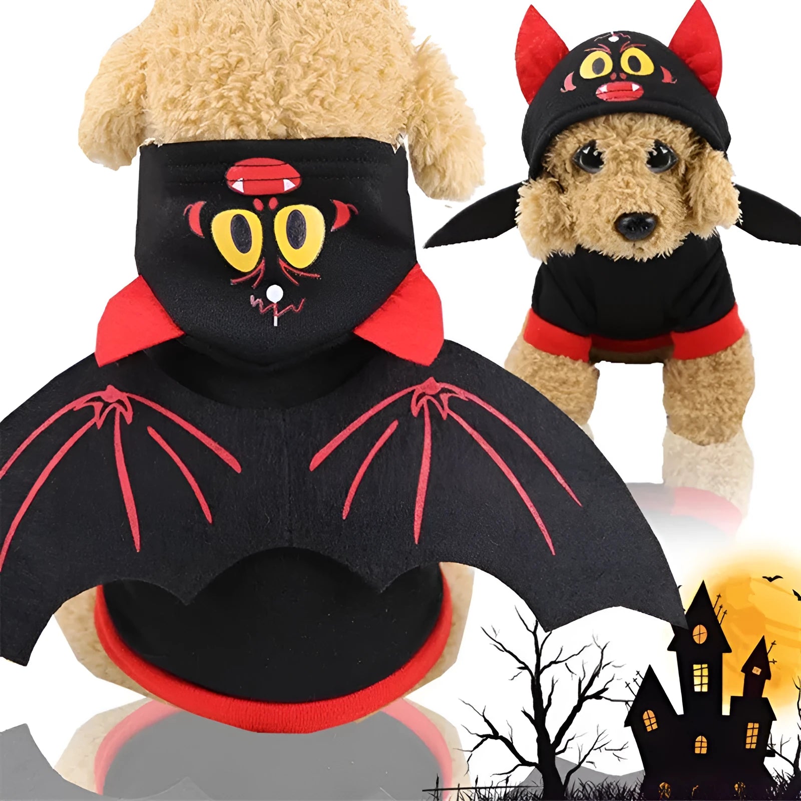 Halloween bat wings pet clothes sweater on dog with red and black wings, black fleece fabric, hooded two-legged style