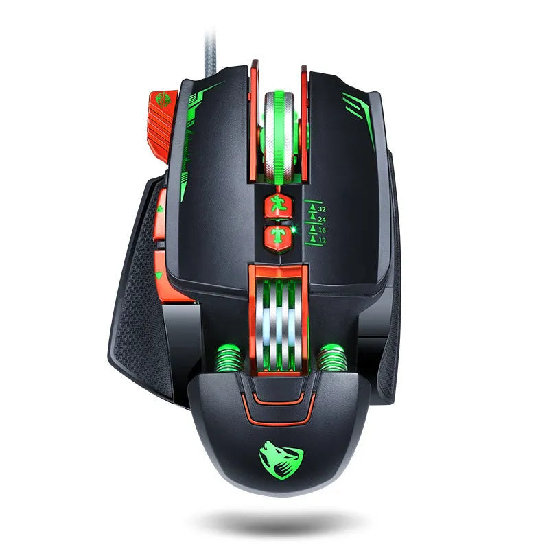 Thunder Wolf V9 black and grey wired gaming mouse on a mouse pad showing side programmable buttons