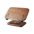 Black walnut solid wood adjustable rotating reading rack holding an iPad on a desk