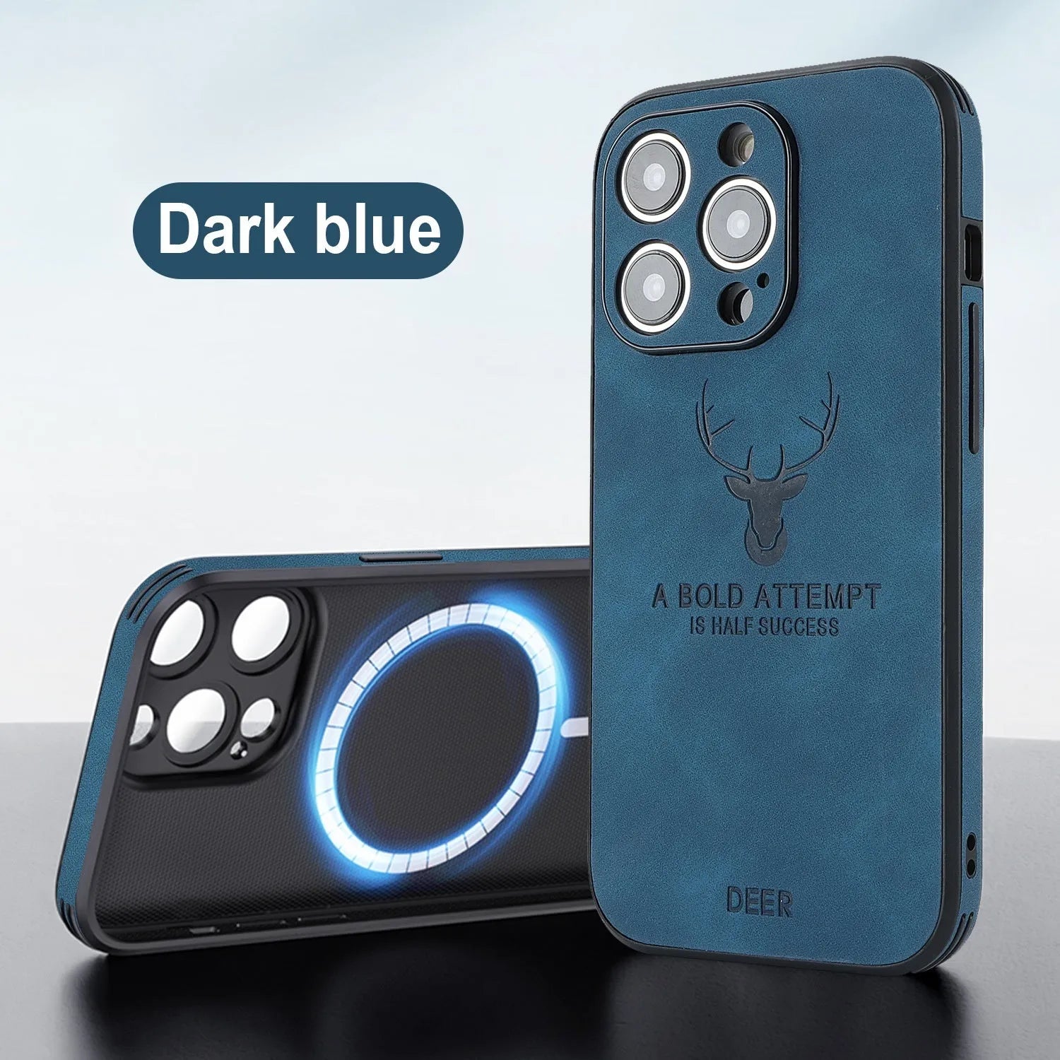 Magnetic charging moose head imitatin leather phone case for iPhone 16, black colour, embossed design