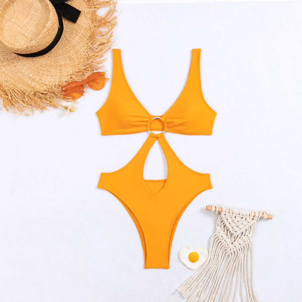 Women's black triangle one-piece swimsuit with sleeveless nylon construction