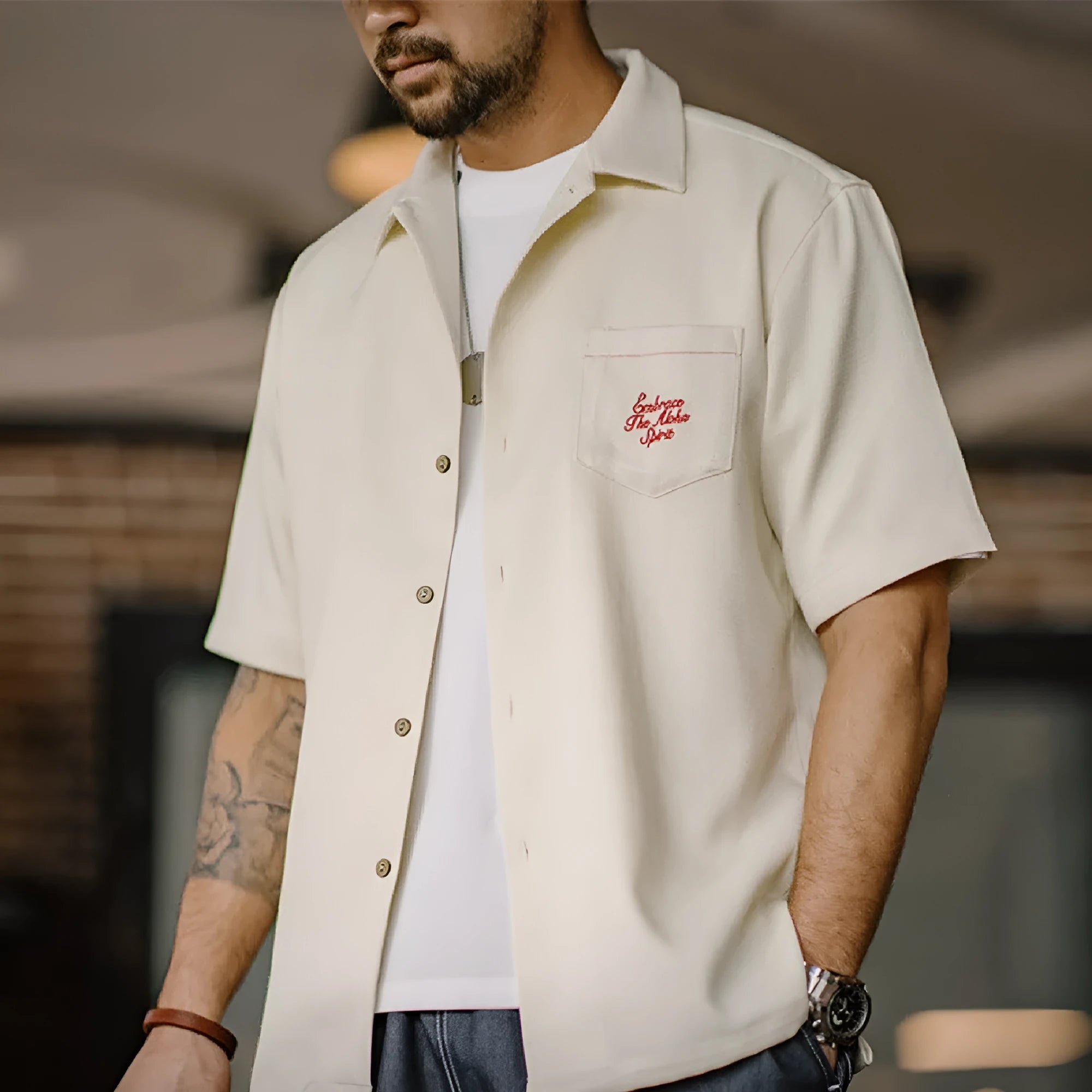 Light apricot Cuban collar men's shirt with bamboo plant and flower pattern