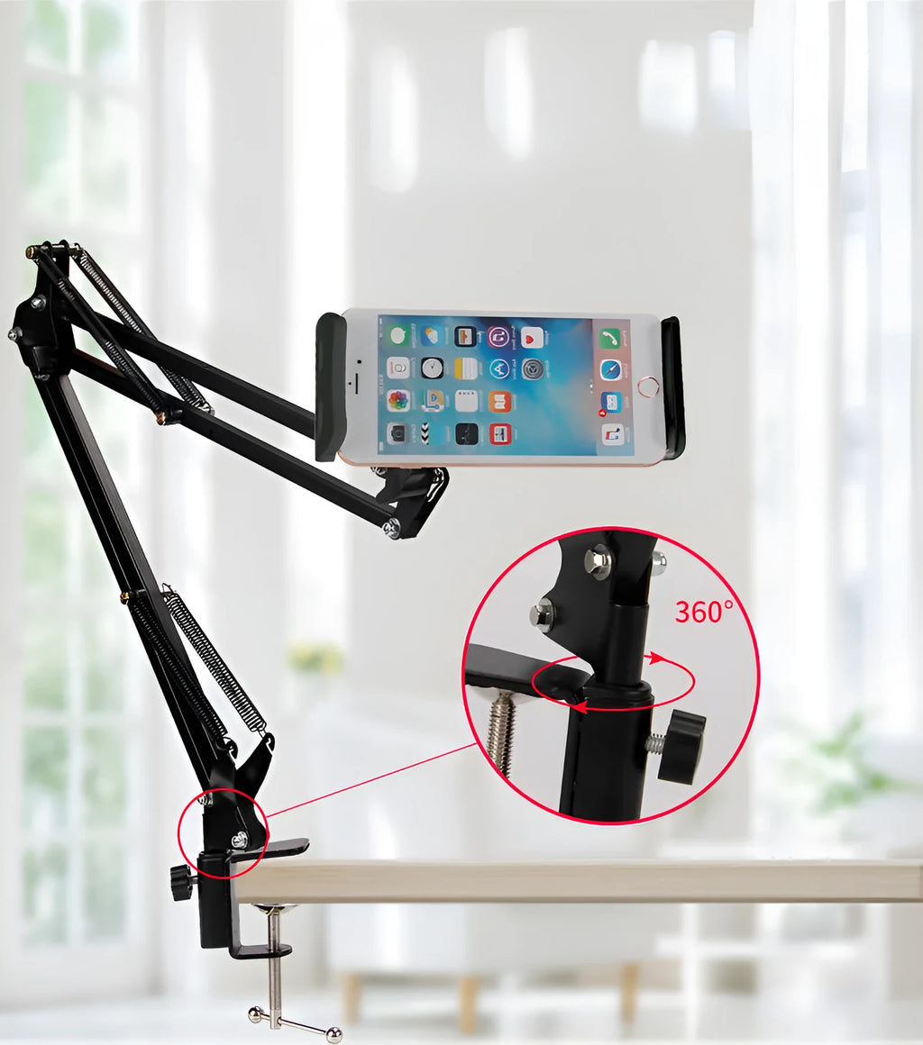 Support phone tablet stand in black on a desk, holding a smartphone for hands-free viewing