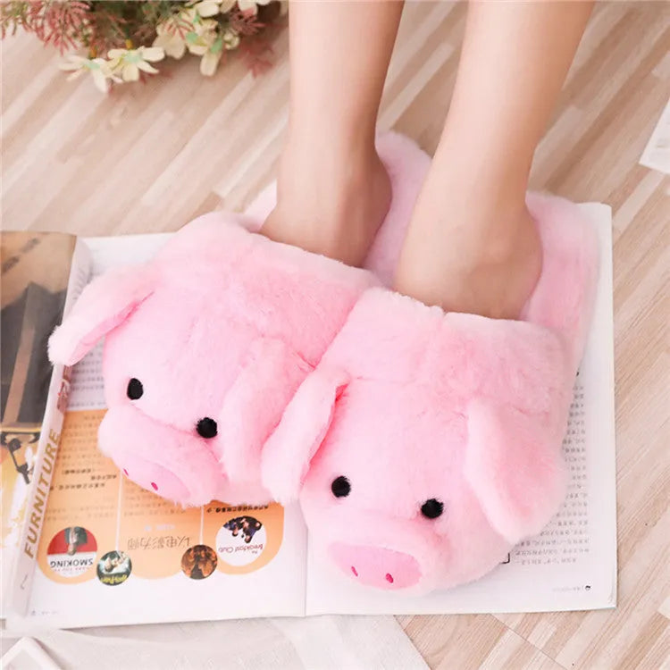 Pink pig-shaped floor slippers with short plush material and PP cotton filling on size chart