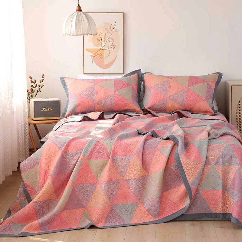 Cotton gauze bed blanket three-piece set with plant and flower pattern design