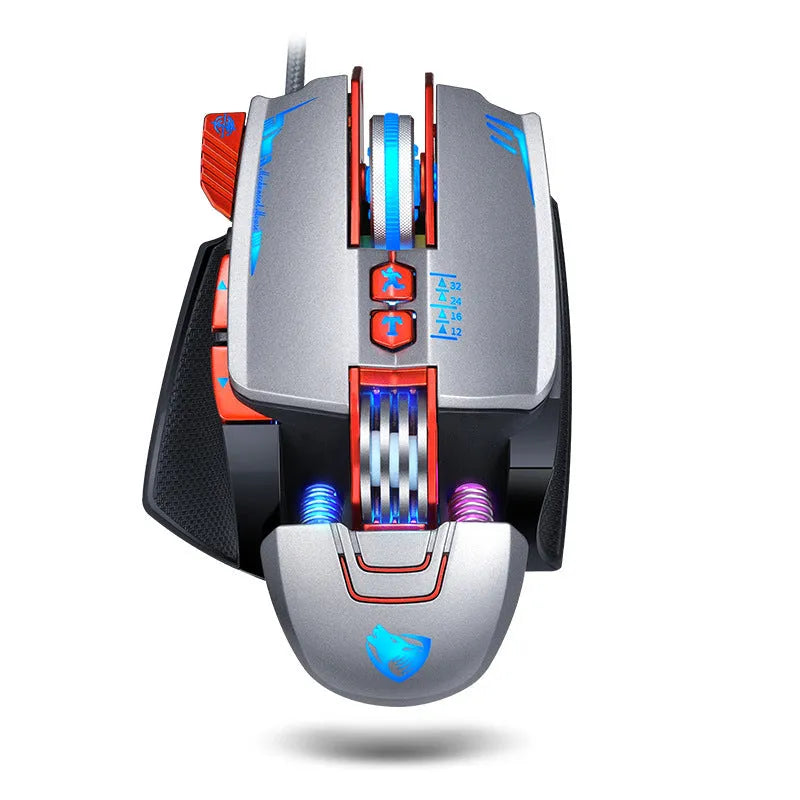 Thunder Wolf V9 black and grey wired gaming mouse on a mouse pad showing side programmable buttons