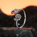 Silver Halloween rose skull hand opening ring with adjustable band on white background