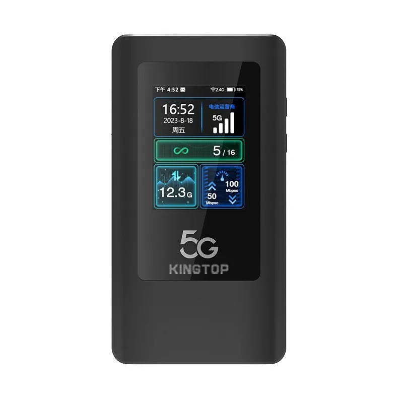 Black 5G portable Wi-Fi router with LCD screen, showing dimensions 125mm x 70mm x 17mm