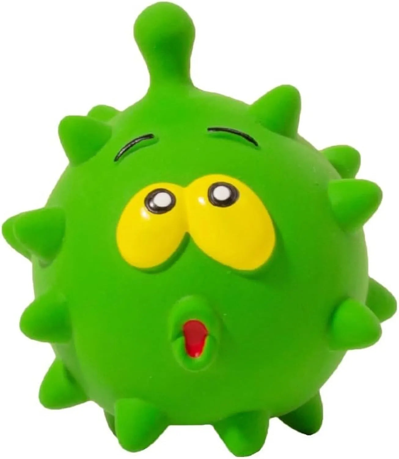 Set of four colourful natural latex squeaky dog balls with cute faces on a blue, green, red, and yellow background