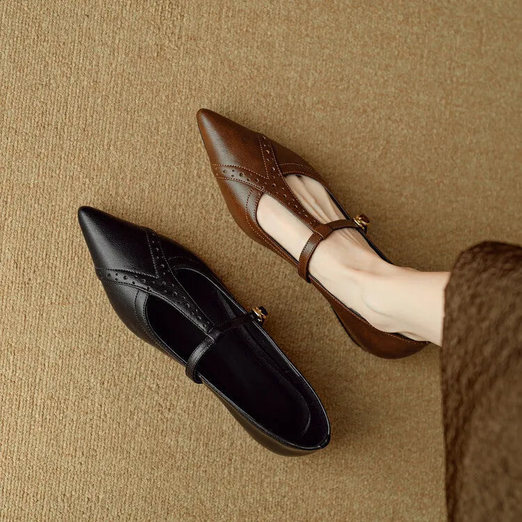 Brown women's cowhide flat shoes with round toe and mid heel for casual wear