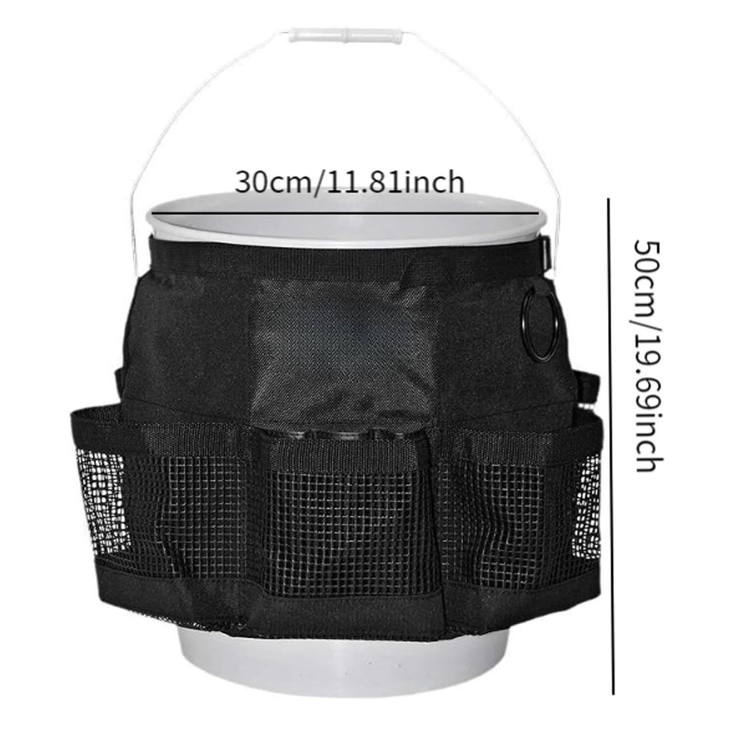 Black cylindrical polyester hanging storage bag fitted on 5 gallon barrel for tool organisation
