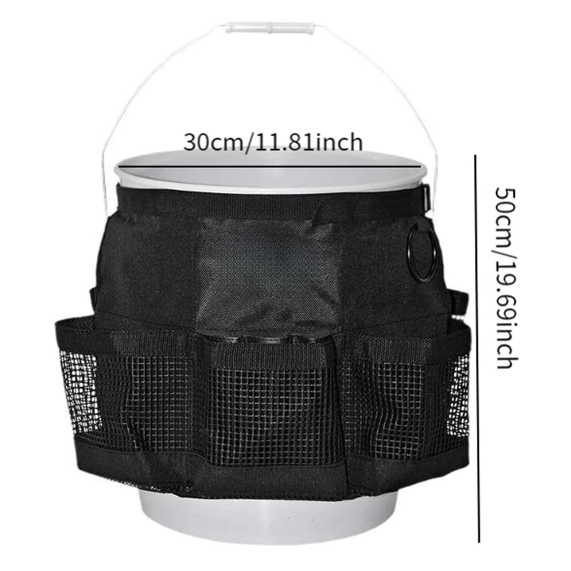 Black cylindrical polyester hanging storage bag fitted on 5 gallon barrel for tool organisation