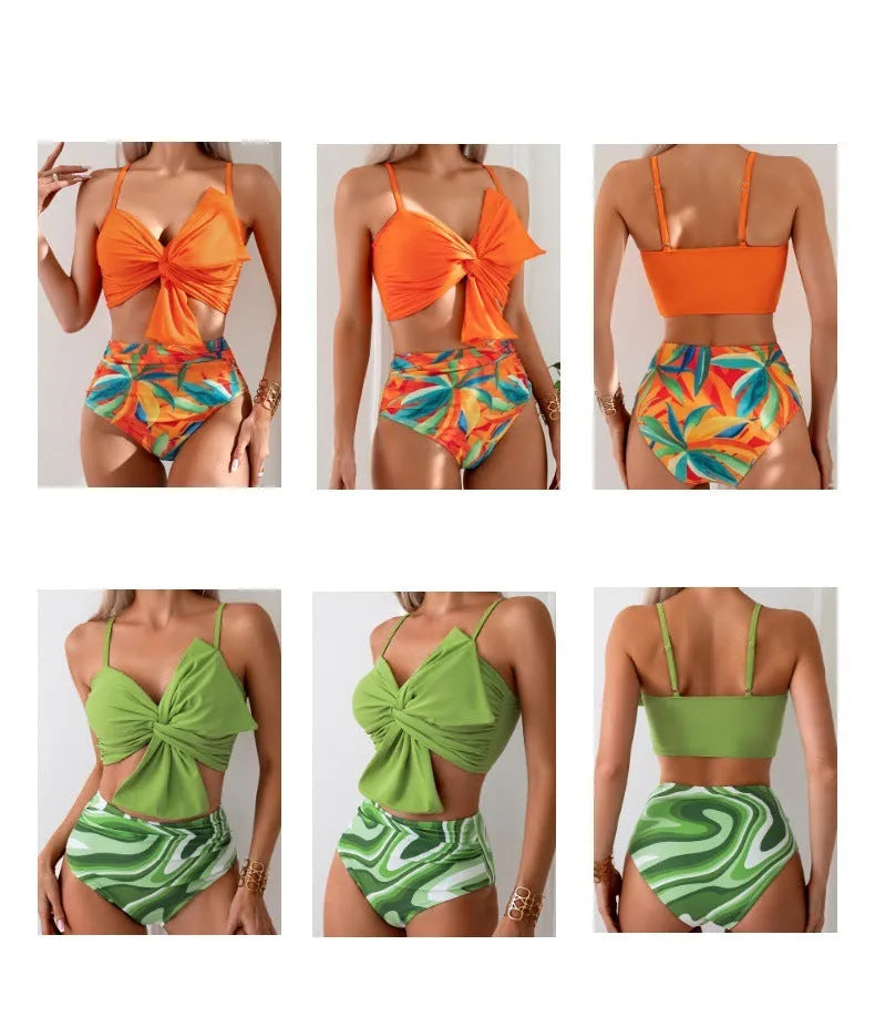 Women's big bow bikini print swim trunks set in nylon fabric, two-piece swimsuit with bow detail