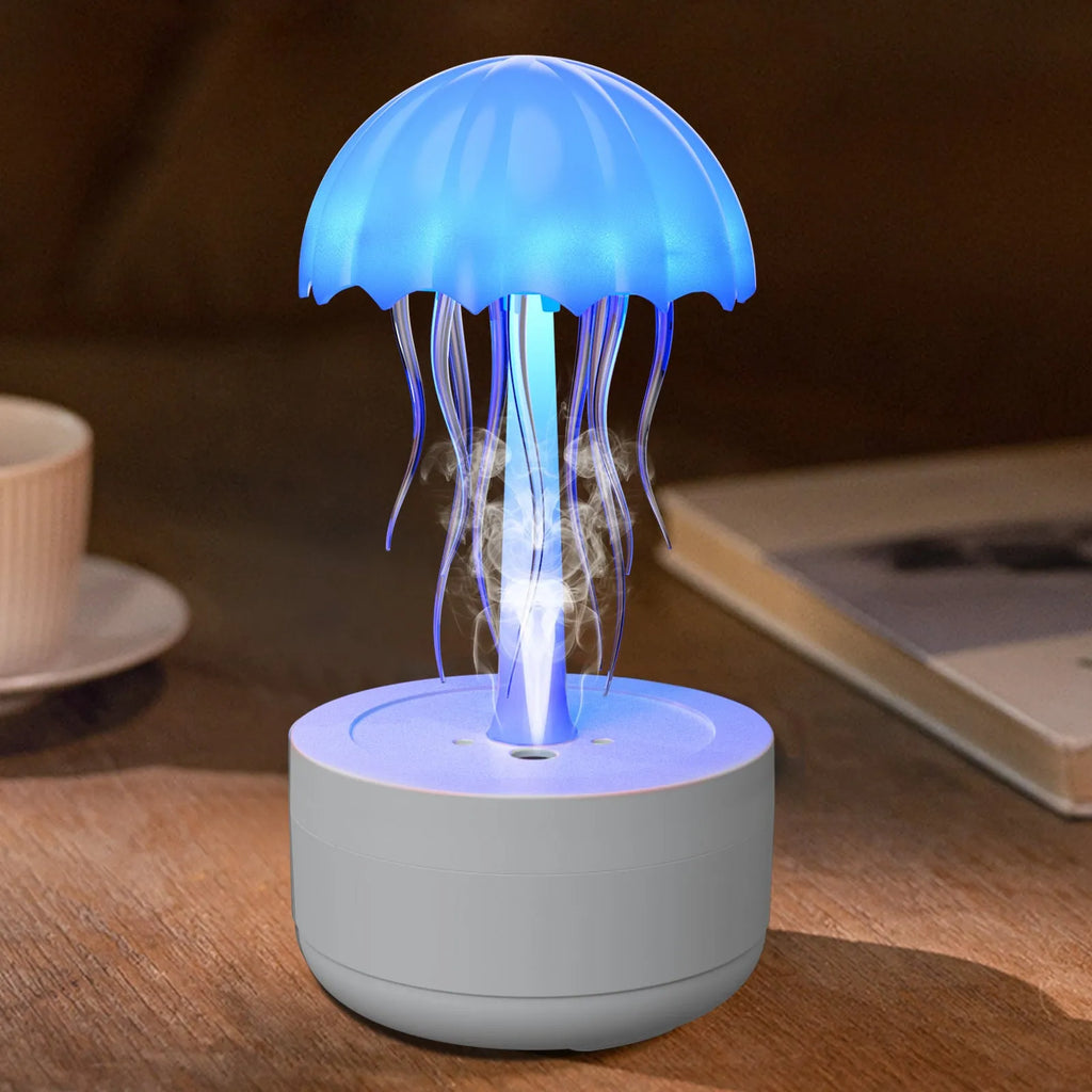White resin jellyfish humidifier diffuser with 7-colour night light and essential oil tray for bedroom or office desk