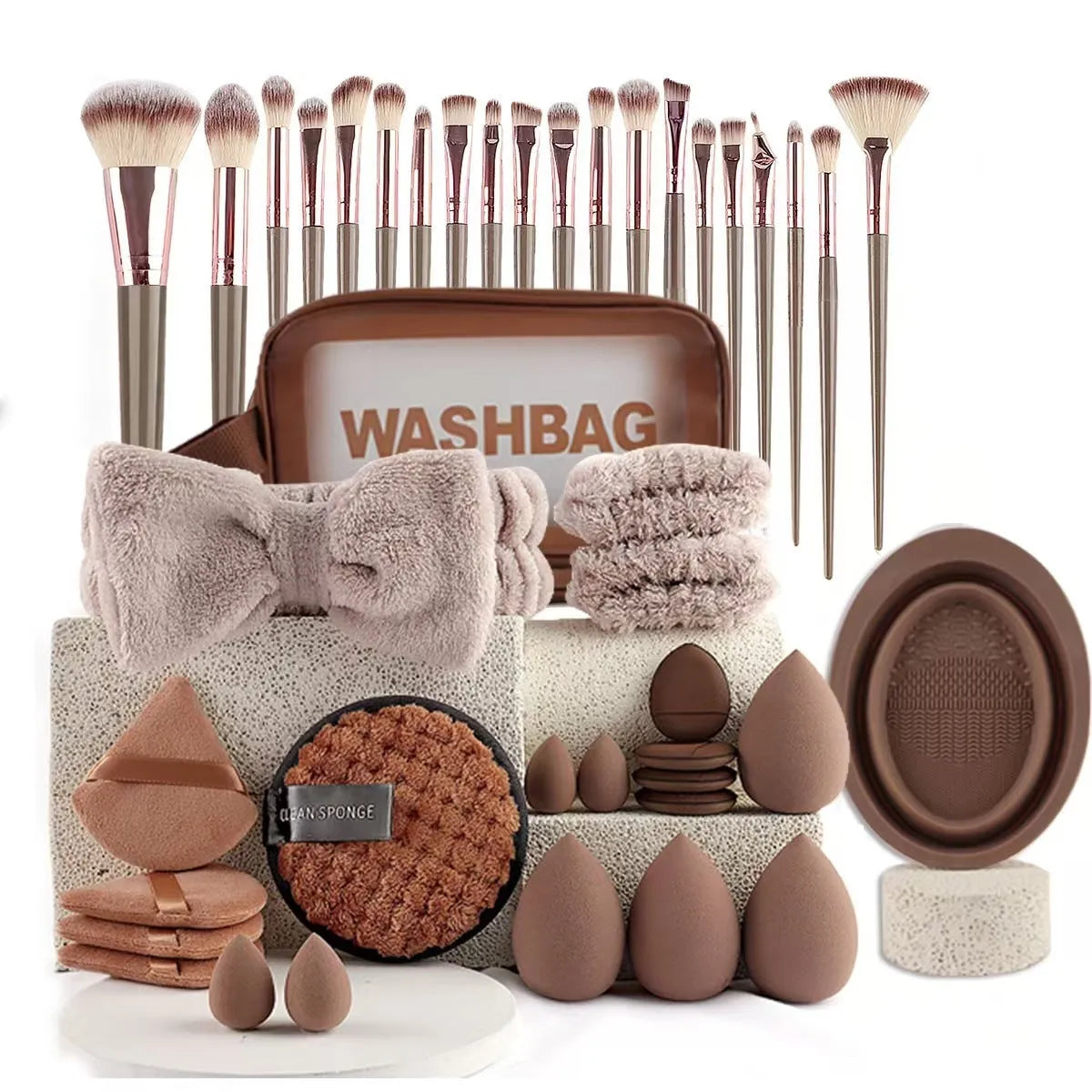 40-piece beauty tools major combination suit with hydrophilic non-latex face wash and makeup tools in Brown, Pink, Purple
